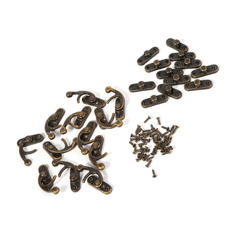Antique Latch Hook Metal Hasp for Jewelry Boxes and Gift Boxes, Vintage Gold Bronze Finish with screws and components.