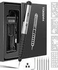 Heavy Duty 37000 RPM Cordless Engraving Pen Featuring Amped Up Rechargeable Battery and Lightning Fast Motor, with engraving tips and stencil designs.