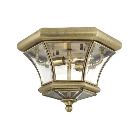 Monterey Dope 2 Light Flush Mount Outdoor Indoor Brushed Nickel Solid Brass Fixture With Clear Beveled Glass light on white background