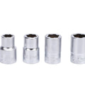 Four sockets from the Eleven Piece Three Eighths Inch Drive Impact Extraction Socket Set For Damaged Rusted Rounded Bolts Nuts And Screws
