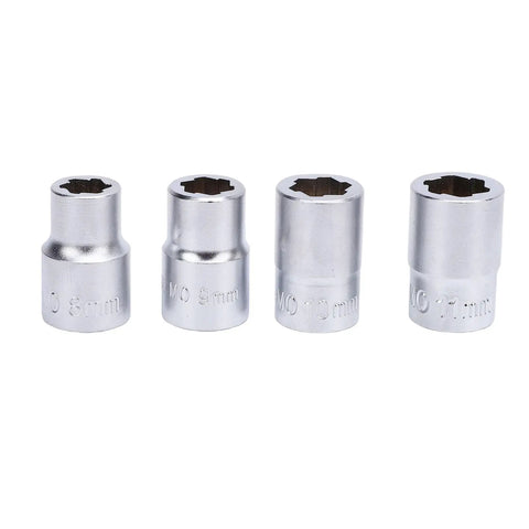 Four sockets from the Eleven Piece Three Eighths Inch Drive Impact Extraction Socket Set For Damaged Rusted Rounded Bolts Nuts And Screws
