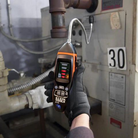 Gas Leak Detector Tester With 18 Inch Gooseneck for combustible gas inspection in industrial setting, handheld unit shown.