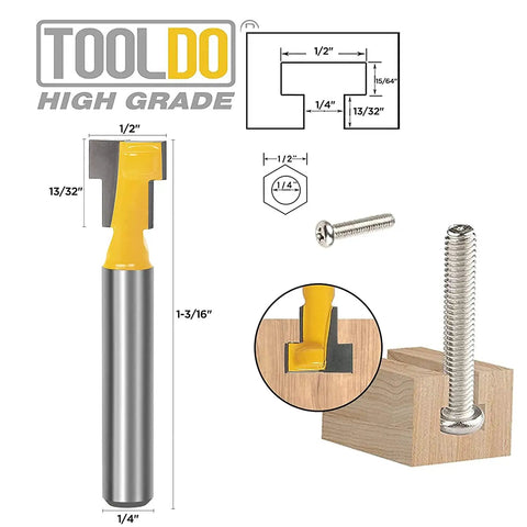 Diagram of Keyhole Router Bit Set With One Quarter Inch Shank, Five Piece Cutter Kit With Carbide Inserts, shown with screw and wood application.