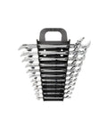 Angle Head Open End Wrench Set With Holder, 11 Piece, displayed in black holder, made of durable chrome vanadium steel, top view.