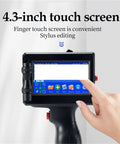 Portable Inkjet Label Printer With 12.7mm Tape Roll showing 4.3-inch touch screen for easy stylus editing and operation.