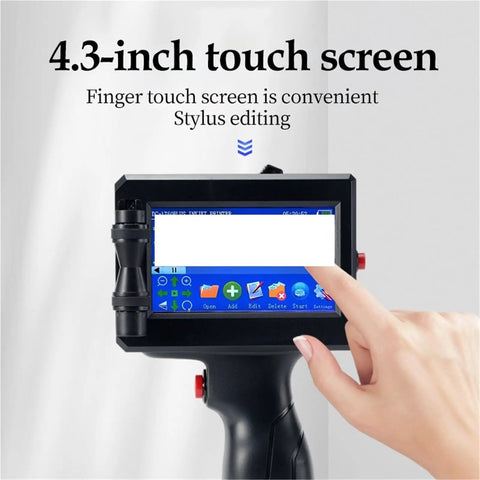 Portable Inkjet Label Printer With 12.7mm Tape Roll showing 4.3-inch touch screen for easy stylus editing and operation.