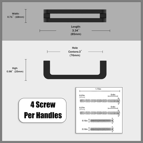 Diagram of Matte Black Cabinet Pulls 3 Inch Solid Zinc Alloy Drawer Handles, dimensions and screws, 10 Pack Built To Last Heavy Duty Cupboard Pulls.