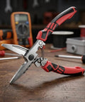 UrbanHui 7-In-1 Electrician Pliers High Carbon Steel Wire Stripper Cutting Crimping Tool showing dual gripping jaws on a workbench.