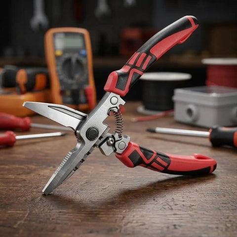 UrbanHui 7-In-1 Electrician Pliers High Carbon Steel Wire Stripper Cutting Crimping Tool showing dual gripping jaws on a workbench.