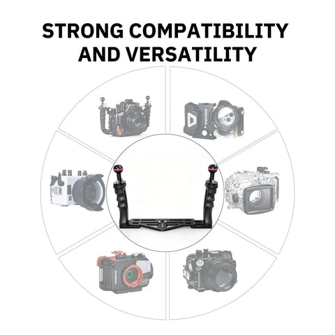 Beefy Dual Handle Underwater Camera Tray Bracket With Standard Quarter Inch 20 Thumb Screws focused on compatibility display