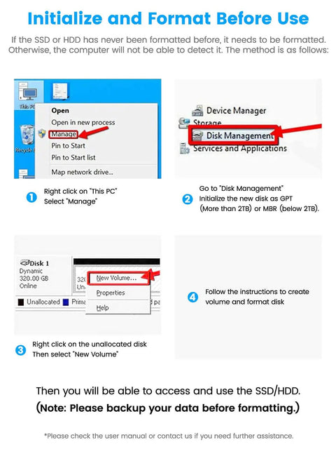 Instructions to initialize and format SSD or HDD in Windows with steps for access and usage.
