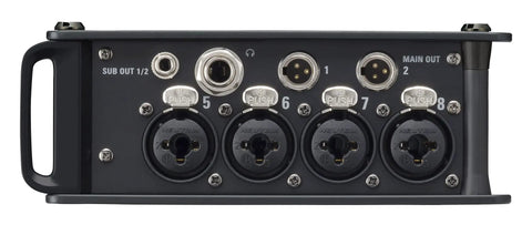 Rear view of Pro Level Field Recorder And Mixer For Filmmakers And Musicians With 8 XLR And TRS Inputs, showing connector ports.