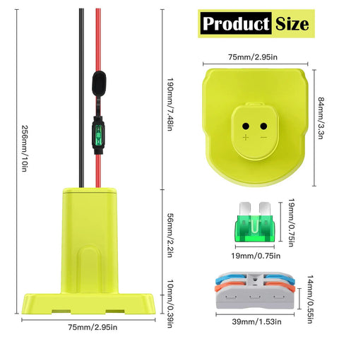 Two Pack Power Wheel Adapter For 18V Battery Conversion Kit with product size dimensions and fuses displayed