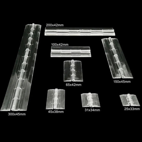 Clear Transparent Piano Hinge Set For Piano Box Lids Plexiglass Length 10Pcs shown in various sizes and dimensions