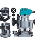 Compact Wood Router Kit With Trim Base And Plunge Tilt 710W Power, showing router and detachable bases for laminate and wood.