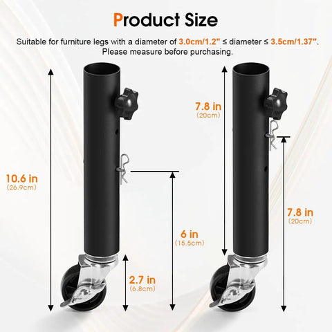 Straight Up Heavy Duty Metal Furniture Legs With Smooth Roll Caster Wheels Four Pack, 10.6 inch adjustable size measurements.