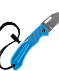 Folding Dive Knife For Scuba And Spearfishing With Stainless Steel Flip Blade Blue Handle Versatile Saltwater Tool and wrist strap