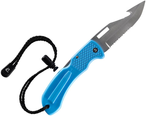 Folding Dive Knife For Scuba And Spearfishing With Stainless Steel Flip Blade Blue Handle Versatile Saltwater Tool and wrist strap