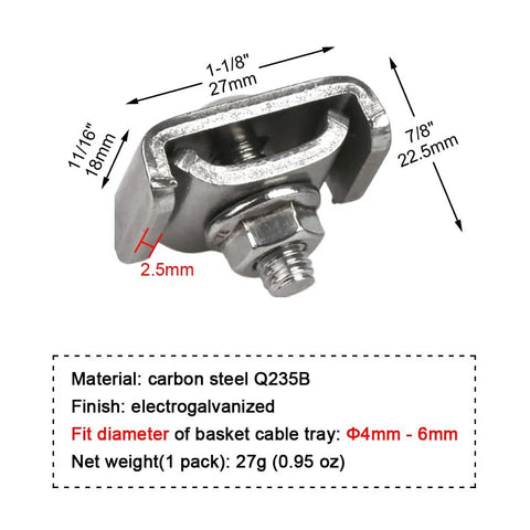 Detailed view of a coupler from the 50 Pack Wire Mesh Cable Tray Coupler Kit for Basket Cable Management, showing dimensions and material.