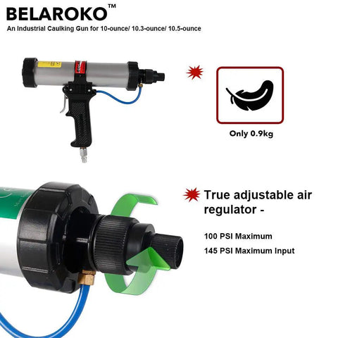 Pro Grade Pneumatic Caulking Gun With Air Flow Regulator for 10 oz Cartridges, lightweight design with adjustable air regulator