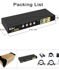 HDMI KVM Switch Connect One Monitor To Four Computers With Crisp 4K 60Hz Video And USB 3.0 Hub Sharing, front view displaying ports and dimensions.