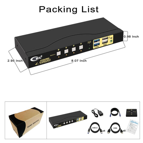 HDMI KVM Switch Connect One Monitor To Four Computers With Crisp 4K 60Hz Video And USB 3.0 Hub Sharing, front view displaying ports and dimensions.