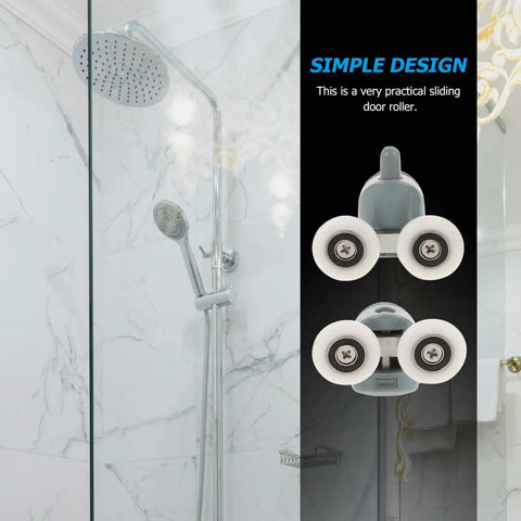 4 Pack Sliding Door Roller Hardware Replacement Kit For Smooth Patio, Bathroom, And Closet Doors Quiet Wheel Guide Pulleys And Durable High Precision Trolleys Easy Mount For A Smoother Slick Squeak Free Slide shown with polished bathroom setting.