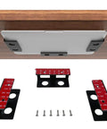 Under Desk Laptop Mount With Adhesive And Screws Aluminum Shelf Holder for Laptop and Accessories shown installed under desk with adhesive and screws, anti-scratch silicone pads visible, fits Mac Mini, MacBook, keyboard, cable box, modem, and more.