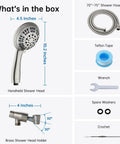 High Pressure Shower Head With Six Spray Settings, Solid Brass Arm Mount, Extra Long Flexible Stainless Steel Hose, Brushed Nickel Finish, Durable Metal Bracket, Adjustable Mount, Leak Proof Ball Joint Design For Steady Water Flow - product parts included