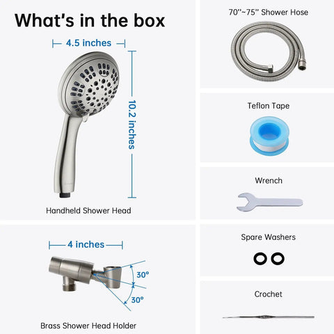 High Pressure Shower Head With Six Spray Settings, Solid Brass Arm Mount, Extra Long Flexible Stainless Steel Hose, Brushed Nickel Finish, Durable Metal Bracket, Adjustable Mount, Leak Proof Ball Joint Design For Steady Water Flow - product parts included