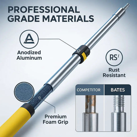 Telescopic Extension Pole 3 Ft Aluminum Alloy With Flip Lock Grab-And-Go Do It All Multi-Purpose Pole for Painting, Dusting, Cleaning and More, featuring anodized aluminum and foam grip with rust resistance shown.