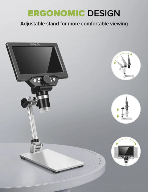 7-Inch LCD Digital Microscope With 1200X Magnification, 1080P Video, Coin Microscope, Metal Stand, 12MP Ultra-Precise Focusing Camera, 8 LED Fill Lights, Windows and Mac Compatible, Ideal for Curious Adults and Hobbyists Who Want Dope Detail. Adjustable metal stand with 7-inch LCD screen