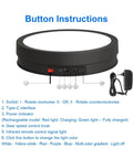 Close-up of Motorized 360 Degree Rotating Display Stand With Remote Control And Seven Color Led Lights For Jewelry Photography And Collectibles Black 32 Cm Turntable button instructions.
