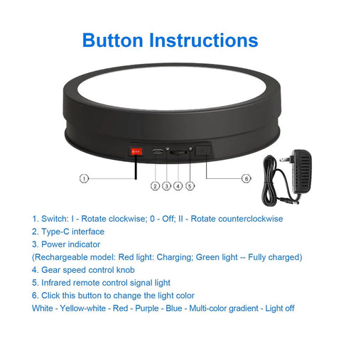 Close-up of Motorized 360 Degree Rotating Display Stand With Remote Control And Seven Color Led Lights For Jewelry Photography And Collectibles Black 32 Cm Turntable button instructions.