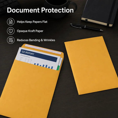10x13 Inch Kraft Mailing Envelopes With Gummed Seal Closure 28lb heavyweight Manila catalog envelopes holding documents on desk