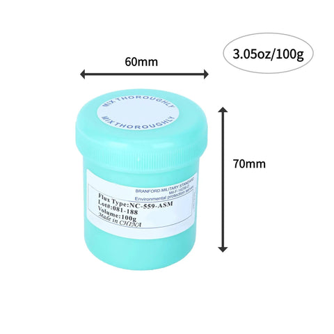 100 Gram No Clean Solder Paste For Phone Repair And PCB Rework NC559 28um Formula tub with measurement labels