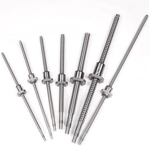 Assorted ball screws, including Beefed Up 450mm Ball Screw With Machined Ball Nut Ends For 3D Printers And CNC, on a white background.