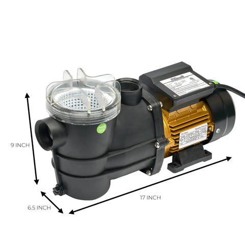 Side view of Beast 3/4HP Self Prime Pool Pump For Above Ground Pools And Spas 2400 GPH Built In Strainer Basket 1.5 Inch NPT Fittings