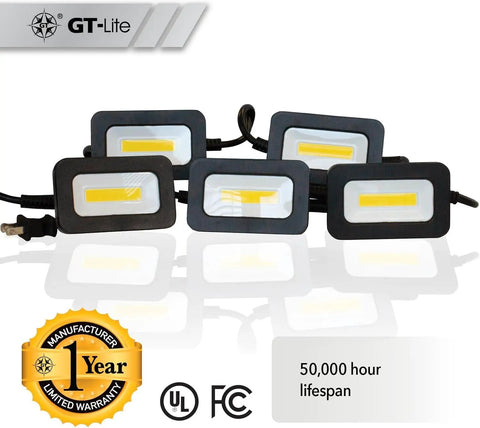 Heavy Duty 50 Ft LED Work Light Set With Five Heads Boss Level Brightness 50W 5000 Lumen Damp Rated Jobsite Lighting