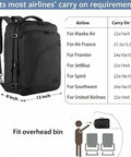 Diagram showing Go-To 45L Carry-On Backpack For Men And Women, Water-Resistant Weekender Travel Bag dimensions and airline fit.