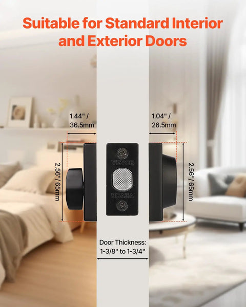 Full Metal Single Cylinder Deadbolt Lock Keyed One Side Comes With Three Heavy Duty Keys Matte Black Finish showing dimensions for standard doors.