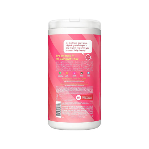 Back view of Pink Grapefruit All Purpose Cleaning Wipes For Every Surface, Compostable 70 Count container, ingredient list shown
