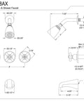 Technical diagram of Brass Tub And Shower Faucet With 3 Cross Handles In Polished Chrome, 5 Inch Spout Reach, Pressure Balanced Washerless Cartridge.