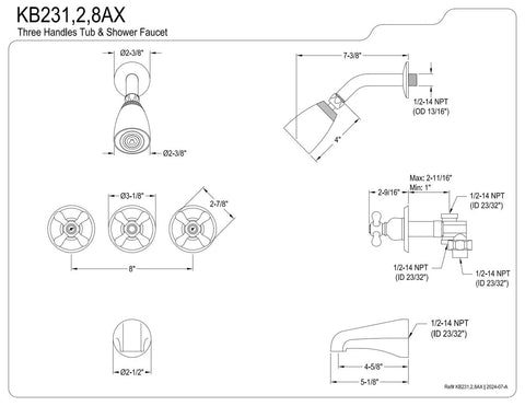 Technical diagram of Brass Tub And Shower Faucet With 3 Cross Handles In Polished Chrome, 5 Inch Spout Reach, Pressure Balanced Washerless Cartridge.