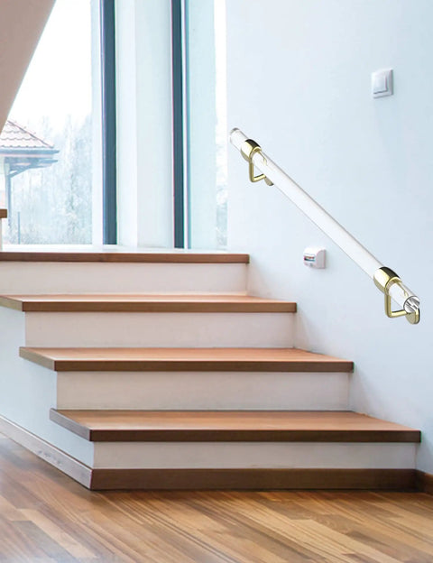 Pair Of Slick Clear Acrylic Interior Stair Handrails Mounted To Rust Proof Gold Brackets Heavy Duty Safety Grab Bars Anti Skid Top Shelf Quality For Modern Home Reno against stairs.