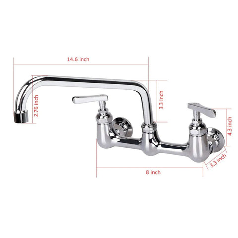 Commercial 8 Inch Center Wall Mount Kitchen Faucet With 12 Inch Swivel Spout And Two Handles For 2 Or 3 Bay Prep And Utility Sinks