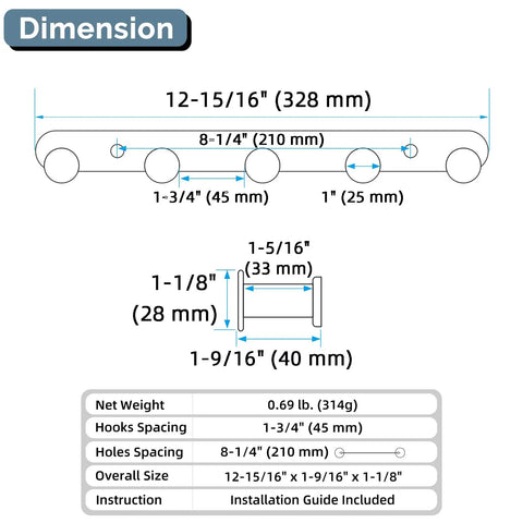 Diagram showing dimensions of Five Hook Towel Rack In Brushed Dark Gold Stainless Steel, Wall Mount Bathroom Organizer And Kitchen Towel Holder With SUS304 Build To Hang Towels, Robes And More.
