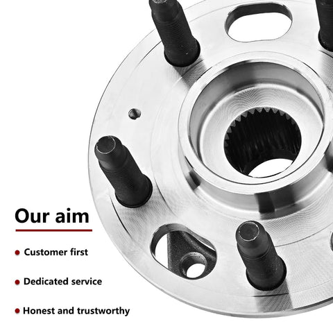 Close-up of a Front Or Rear Wheel Bearing And Hub Assembly For GM Cars And SUVs Fits Malibu Impala Equinox Terrain Lacrosse Regal Saab 9 5 Cadillac XTS CTS 2010 2017 Durable Wheel Hub Replacement showing 5-lug design and silver finish.