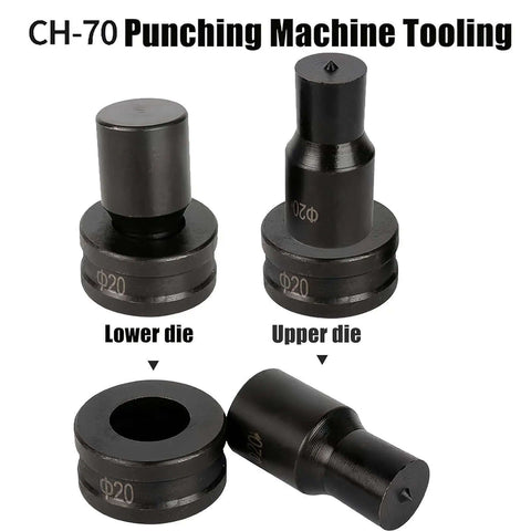 Single Hole Punch Die Set For Hydraulic Punch Tool Compatible With CH 70 Machines with lower and upper dies, heat-treated alloy steel.