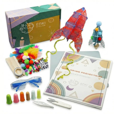 Rocket Launcher STEM Kit For 3D Pens Not Included Hands-On Physics And Engineering Projects For Kids Ages 8 To 12 With Over 90-Piece Material Set And Full Color Curriculum Guide On Projectile Physics displayed with materials and safety gear.